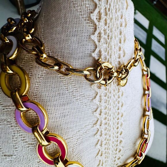 NEW J Crew Oval Enamel Rainbow Link Necklace - Picture 2 of 7